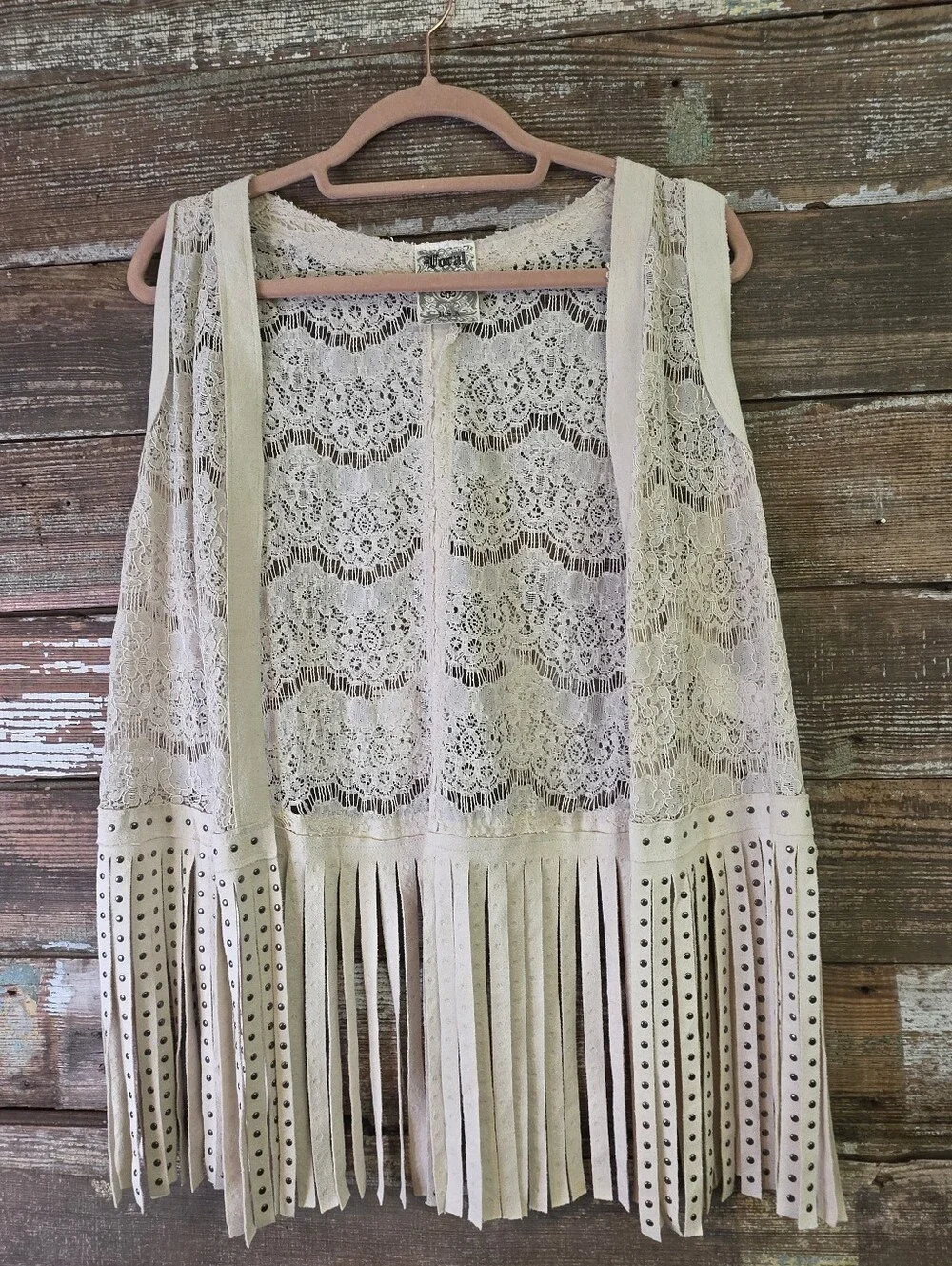 Vocal Large Ivory Lace Studded Fringe Boho Hippie Festival Vest